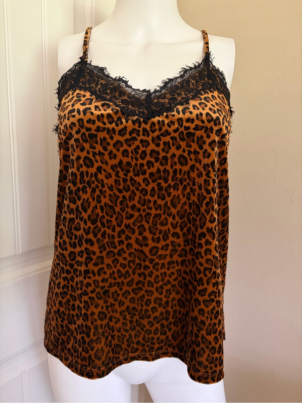 Leopard Print Velvet Cami with Black Lace Trim